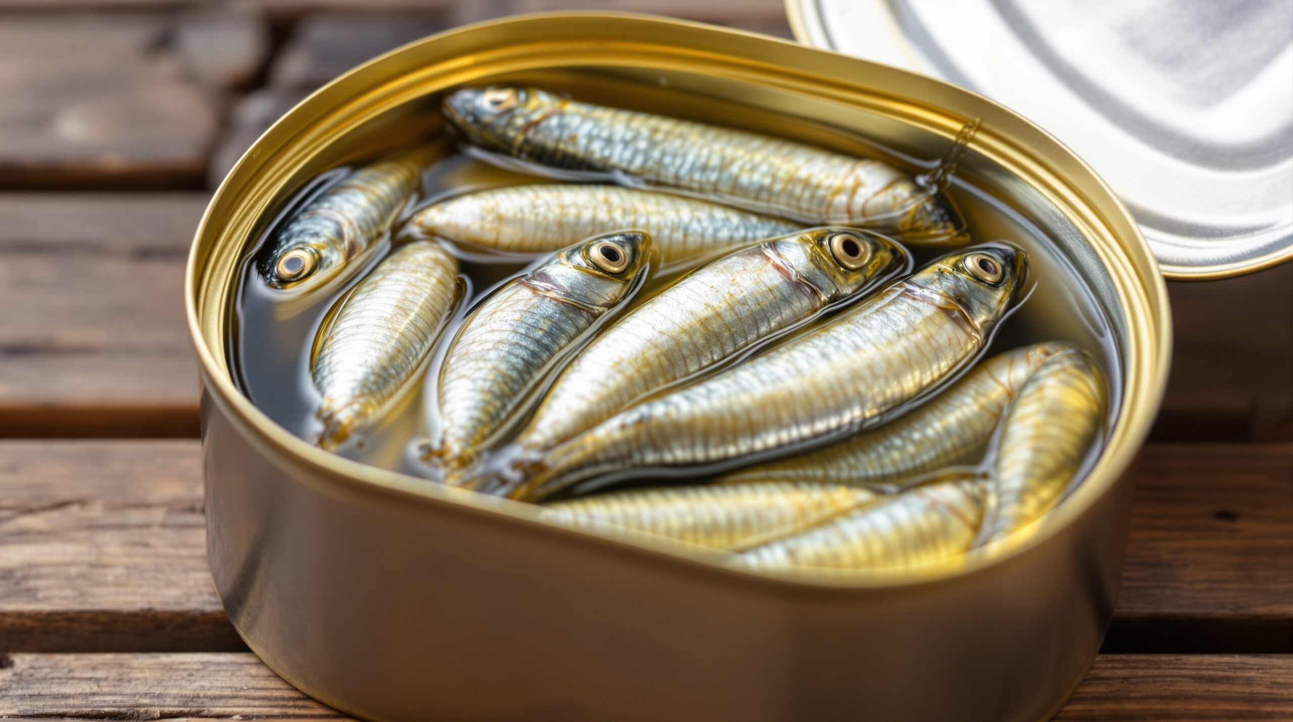Open tin can of sardines in water on wooden table