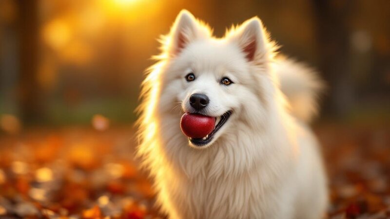 Samoyed dog holding a red apple in its mouth in an autumn garden