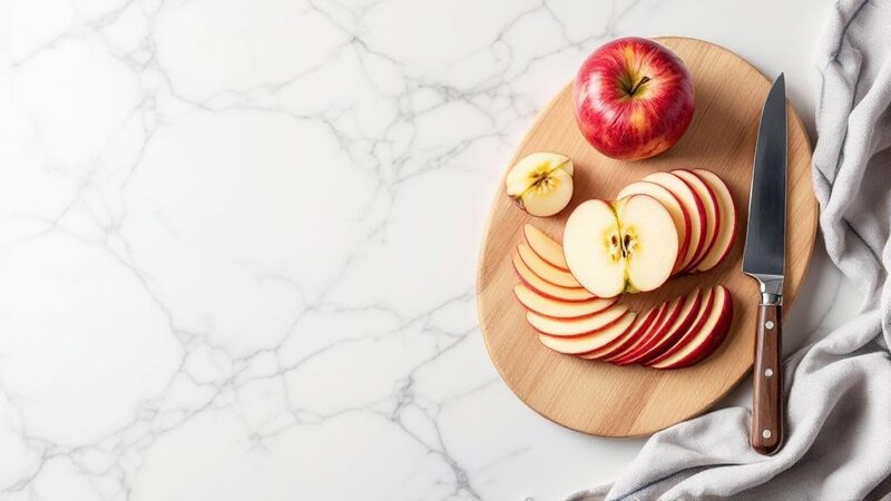 Apple sliced into thin pieces on a white marble surface
