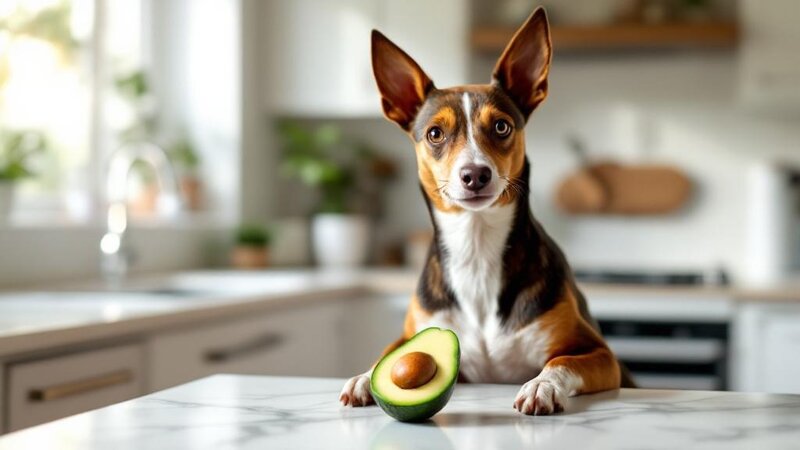 Basenji dog looking curiously at a halved avocado on kitchen counter
