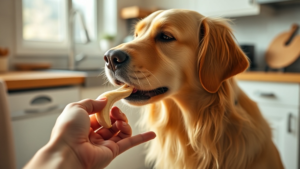 Golden retriever eating a small piece of banana as healthy treat