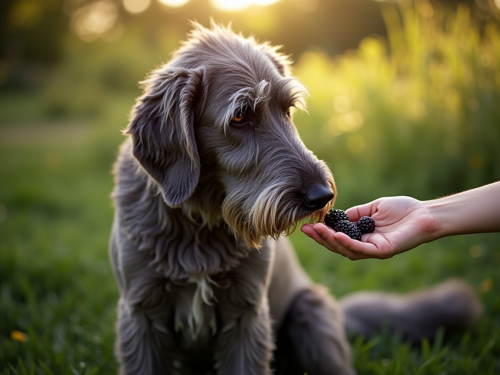 Large Irish Wolfhound dog sniffing fresh blackberries in a persons hand in garden