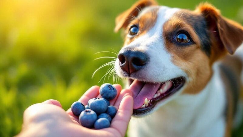 Jack Russell terrier che riceve un mirtillo fresco dalla mano del padrone