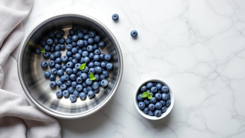 Porzioni di mirtilli freschi su superficie di marmo accanto a una ciotola per cani