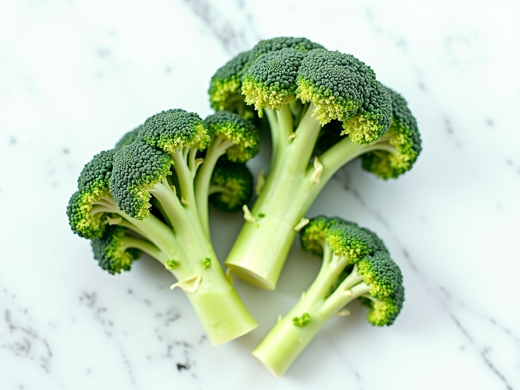 Fresh green broccoli florets and stalks on white marble surface