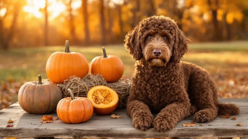Perro de agua espanol junto a calabazas en mesa rustica de otono