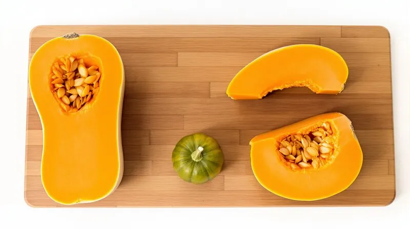 Butternut, potimaron y calabaza naranja cortadas sobre mesa de madera