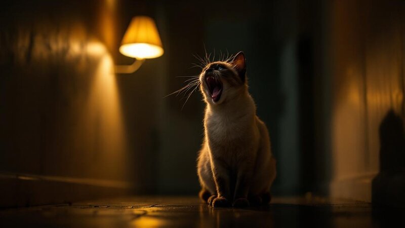 Siamese cat meowing in a dimly lit hallway at night