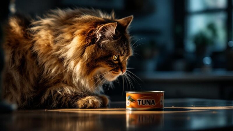 Maine Coon cat sniffing an open can of tuna on a kitchen counter