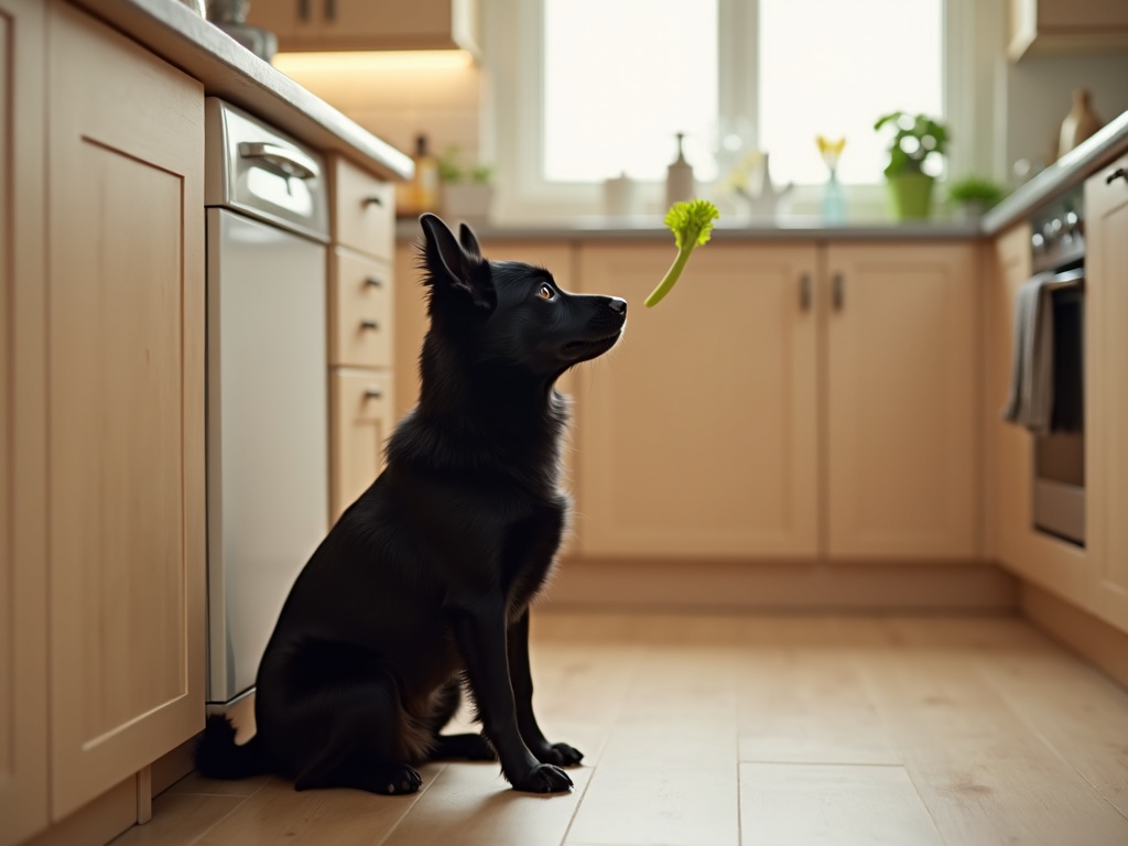 Small black Schipperke dog looking up at celery stalk on kitchen counter