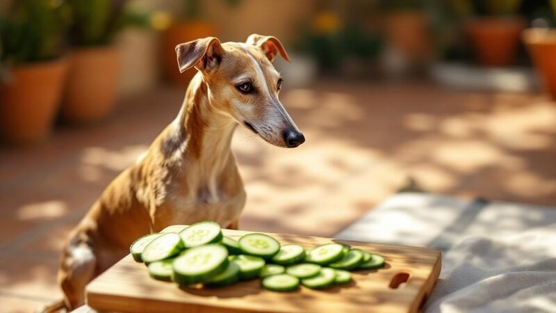 Whippet dog looking at fresh cucumber slices on a cutting board