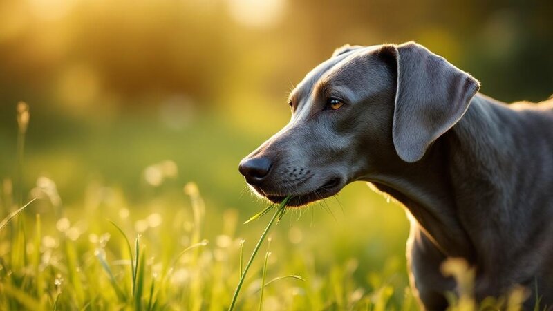 Weimaraner dog eating grass in a dewy morning garden