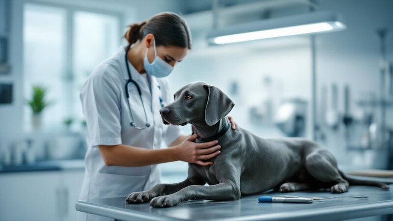 Veterinarian examining a Weimaraner dog in a clinic