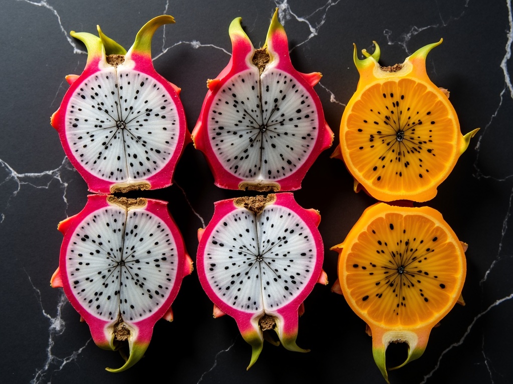 Three varieties of dragon fruit halved showing white, red and yellow flesh on dark marble