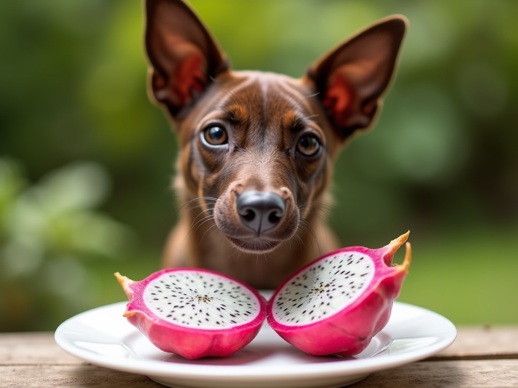 Sleek Azawakh dog looking curiously at a halved pink dragon fruit on a white plate