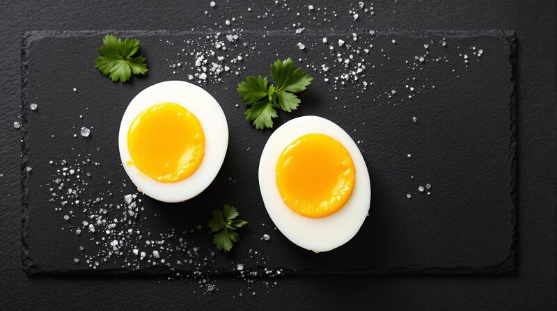 Overhead view of halved hard-boiled eggs on rustic dark slate board