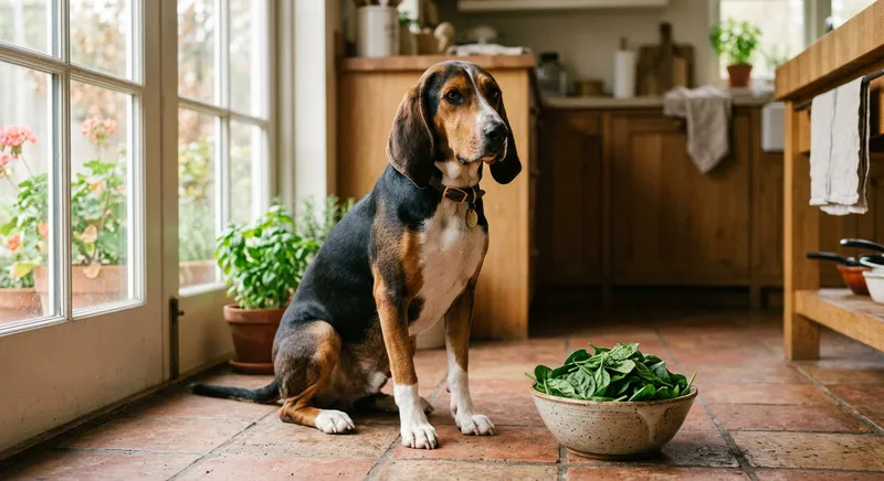 Sabueso Español junto a un bol de espinacas frescas