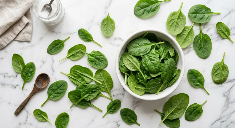 Espinacas frescas en bol blanco sobre mármol