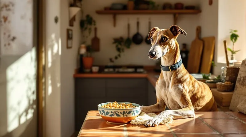 Galgo Español perro junto a garbanzos