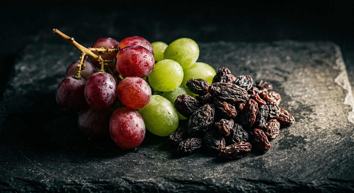 Purple grapes flat-lay overhead on white marble - dogs cannot eat grapes