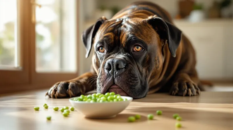 Presa Canario junto a cuenco de guisantes verdes en cocina
