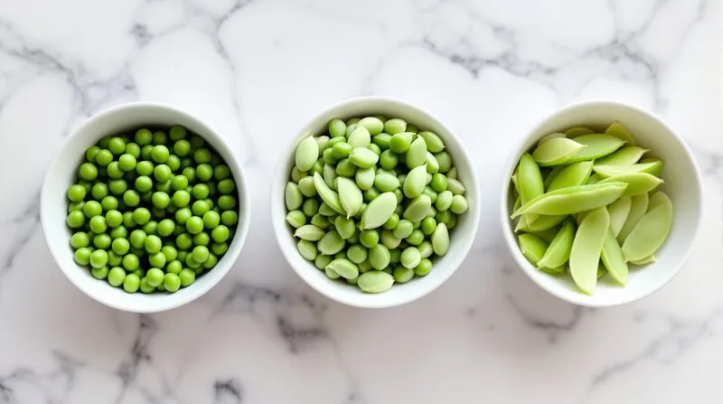Guisantes frescos en vaina, pelados y tirabeques sobre marmol