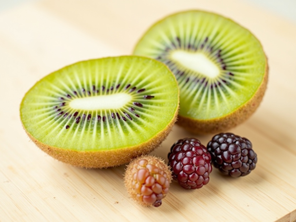 Halved kiwi fruit with green flesh and black seeds next to kiwi berries on wooden surface