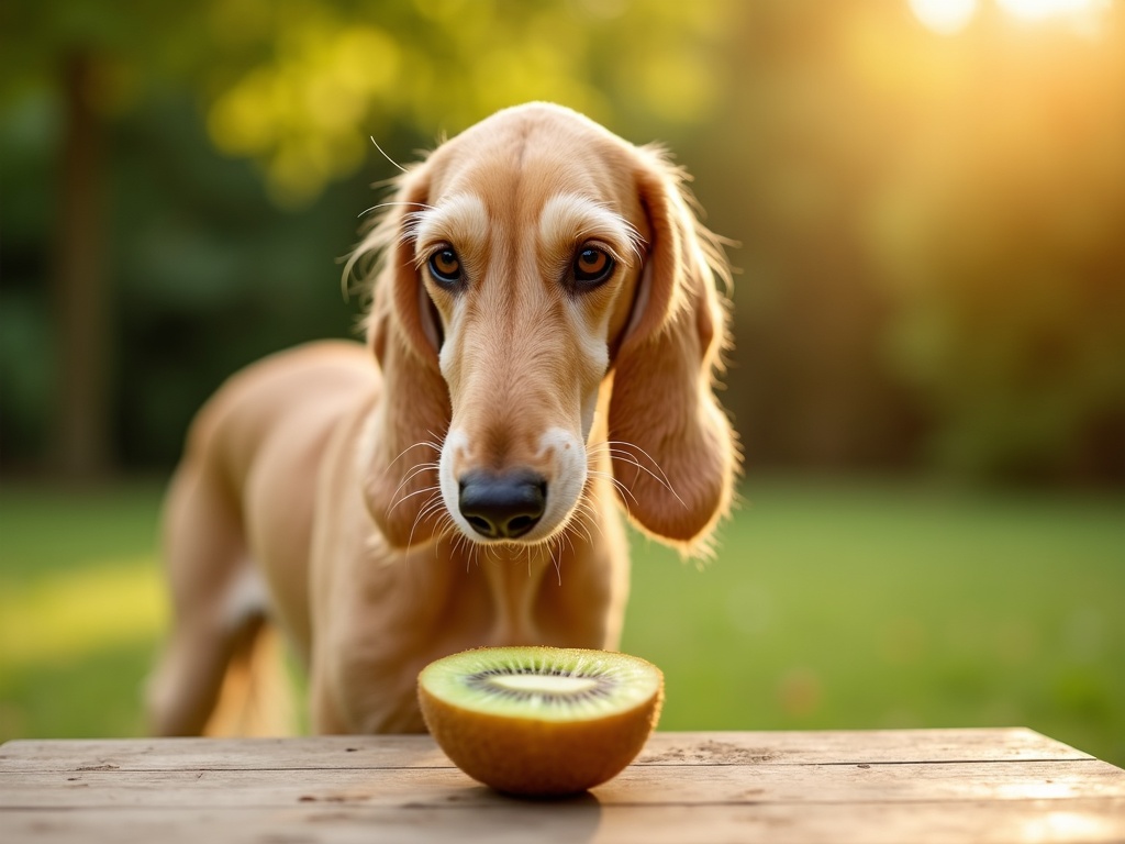 Elegant Saluki dog looking curiously at a halved kiwi fruit on a wooden table