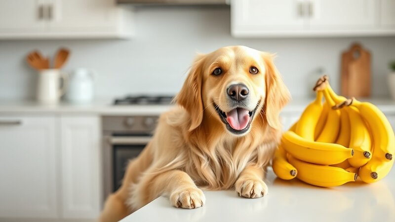 Froehlicher Golden Retriever neben frischen Bananen