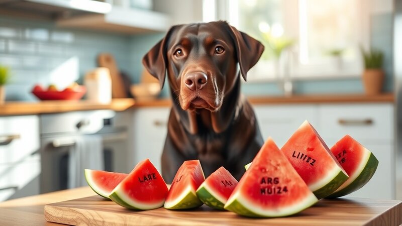 Labrador Retriever neben geschnittener Wassermelone