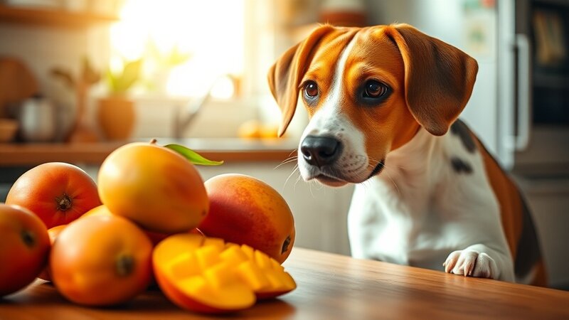Suesser Beagle schaut auf frische reife Mangos
