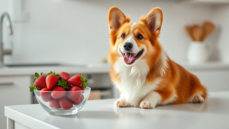 Welsh Corgi neben frischen Erdbeeren