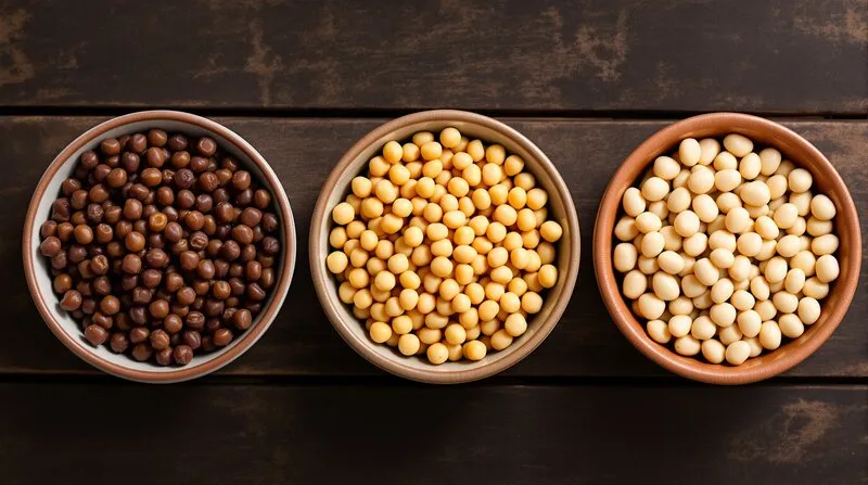 Vista cenital de tres boles con lentejas, garbanzos y judias blancas
