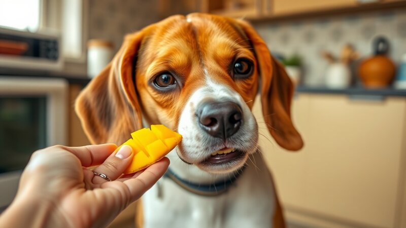 Beagle probando un trozo de mango