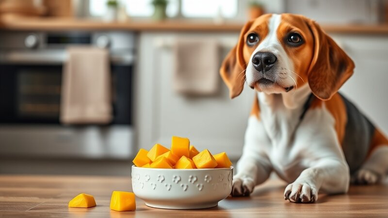 Cubos de mango en bol para perros - porción segura