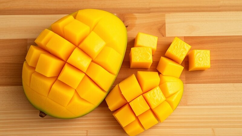 Mango maduro cortado en cubos - fruta segura para perros