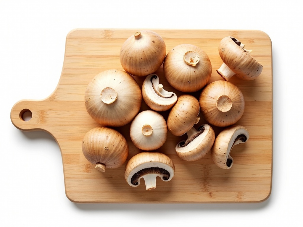 Fresh button mushrooms and shiitake mushrooms on wooden cutting board