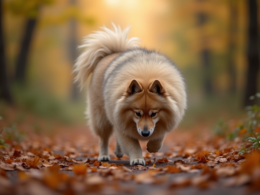 Keeshond dog sniffing something on a forest path