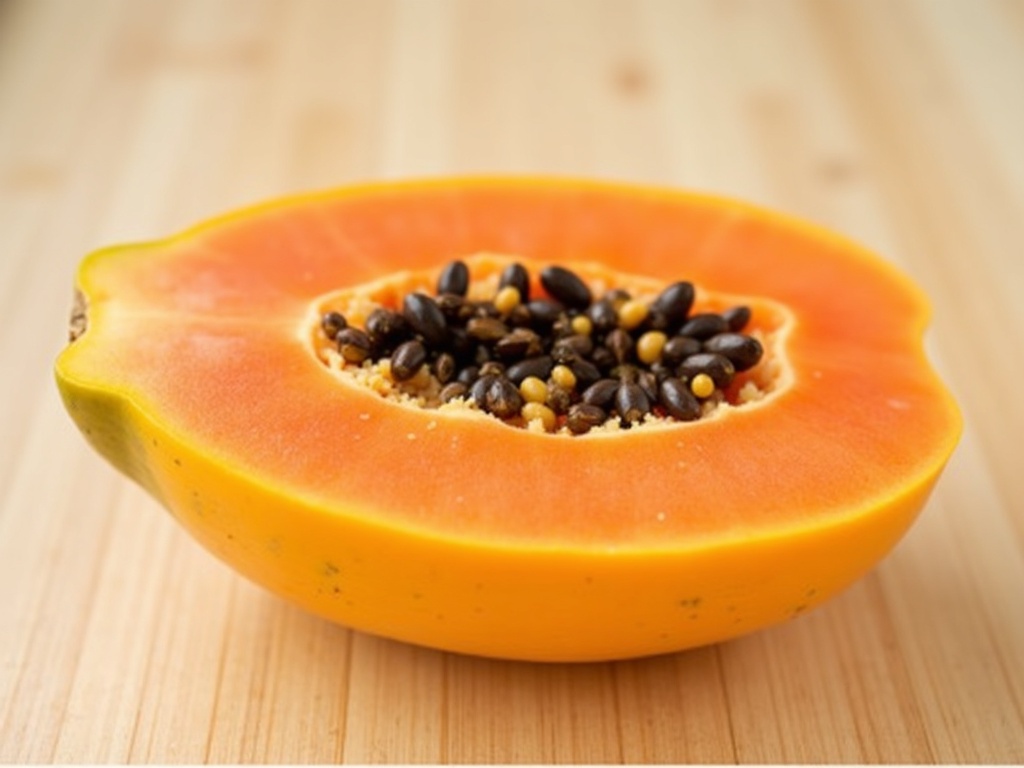 Ripe papaya halved showing orange flesh and black seeds on wooden surface