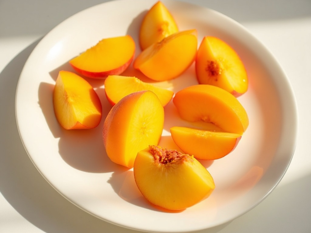 Sliced fresh peaches and nectarines on white ceramic plate