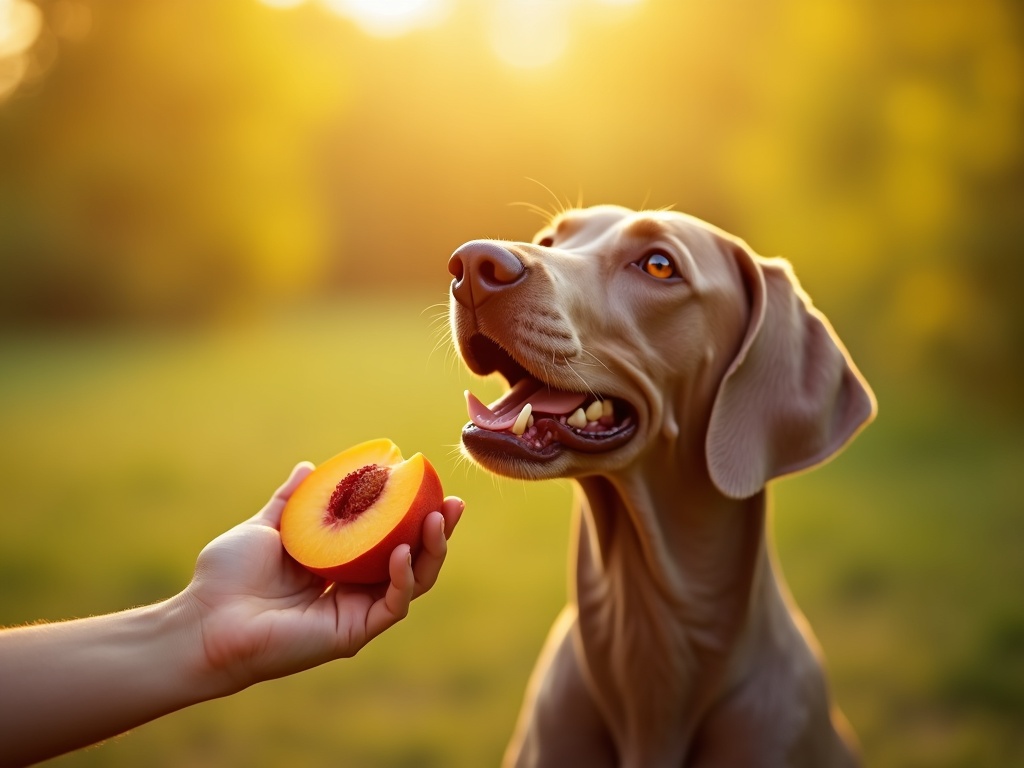 Weimaraner dog looking up happily at a fresh peach slice held in a persons hand outdoors