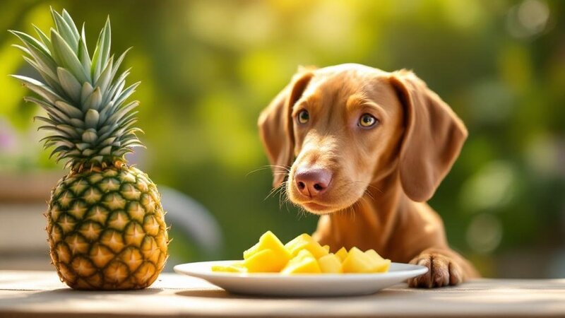 Vizsla dog tilting head at fresh pineapple chunks on a plate outdoors