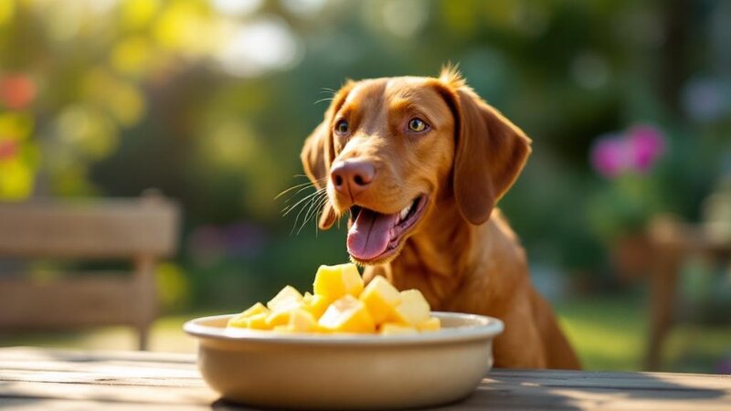 Vizsla dog looking at small cubes of fresh pineapple in a ceramic bowl