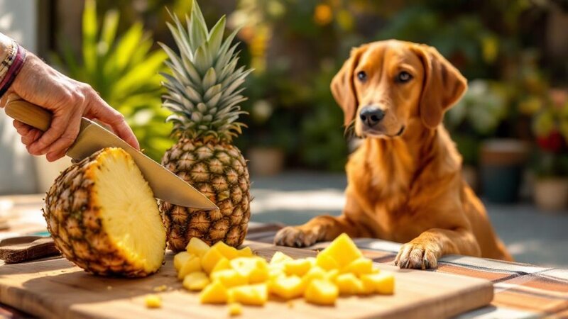 Fresh pineapple being sliced on a cutting board with a Vizsla watching