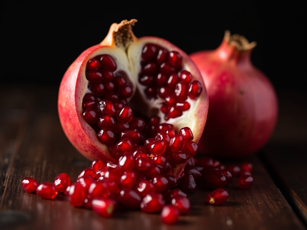Halved pomegranate with red arils spilling out on dark wooden surface