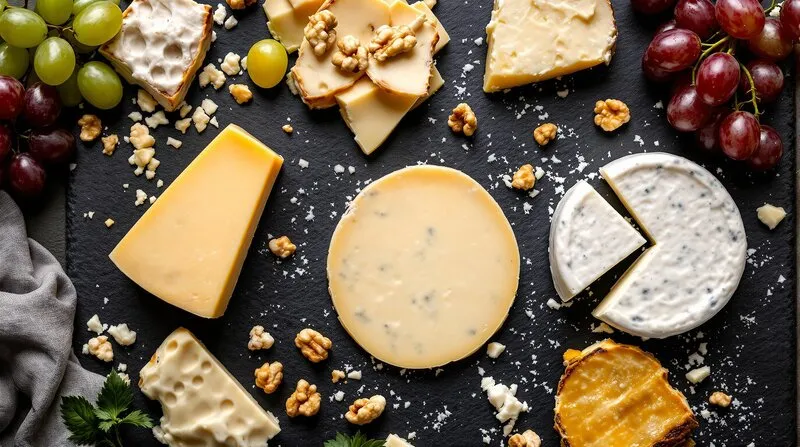 Vista cenital de quesos espanoles: manchego, queso fresco y curado