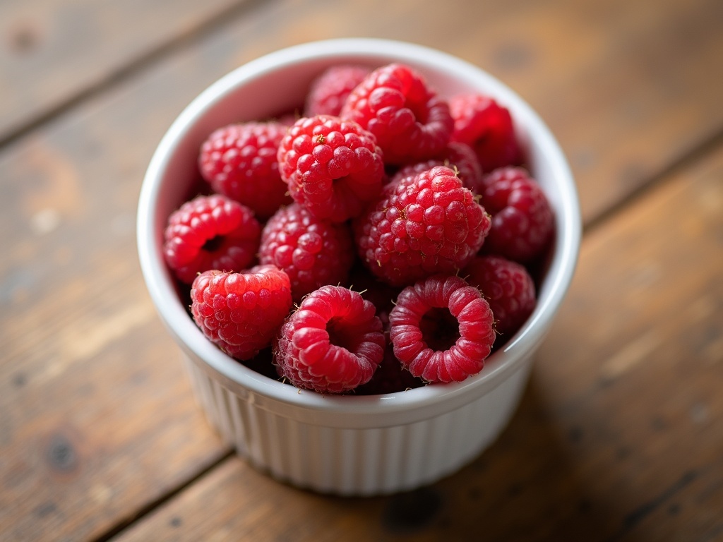 Fresh ripe raspberries in a white bowl on wooden table