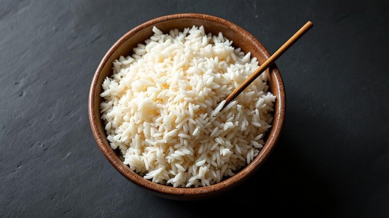 Ceramic bowl of fluffy cooked white rice with a chopstick resting on the rim