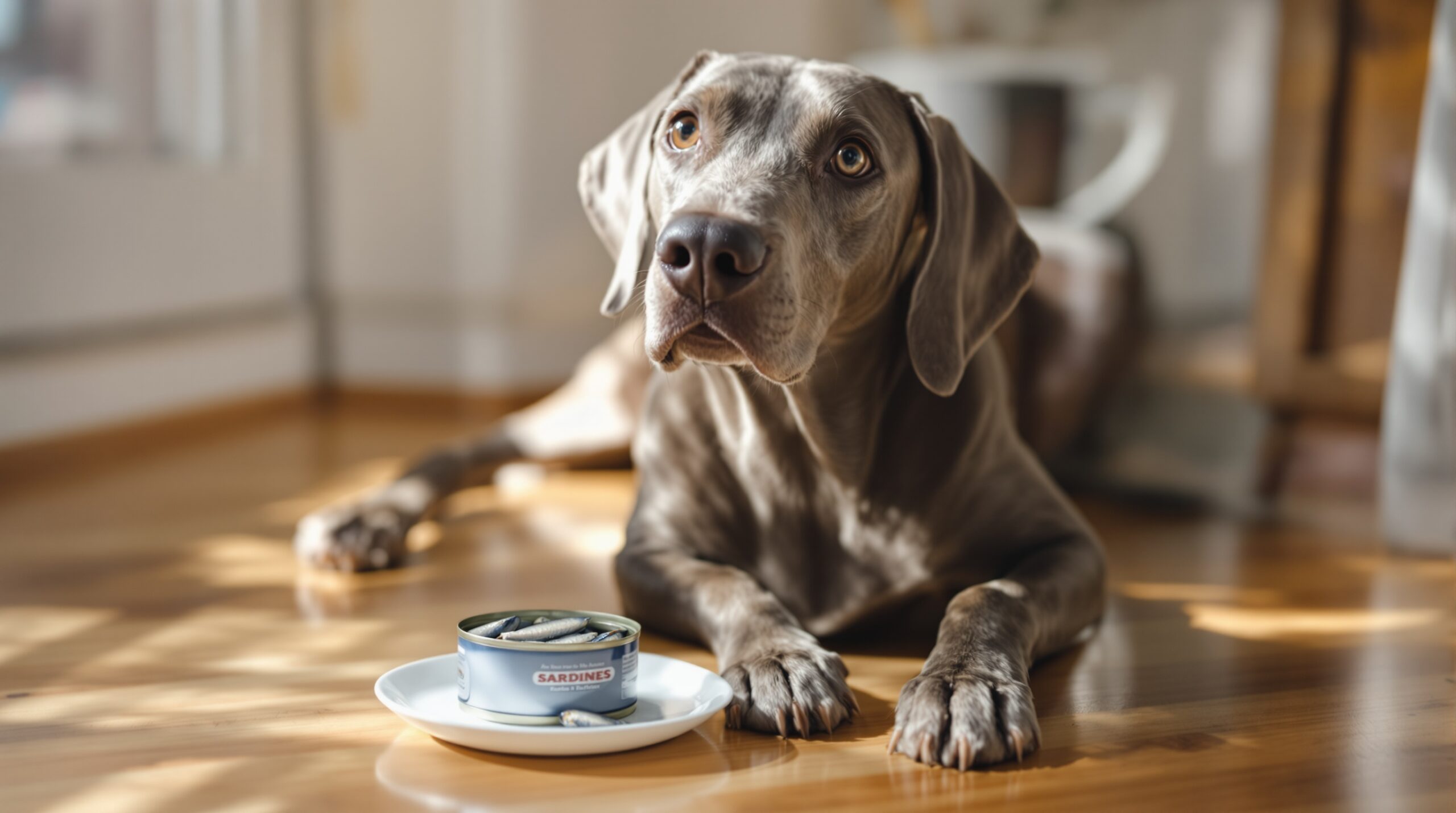 Weimaraner dog sniffing bowl of sardines in kitchen