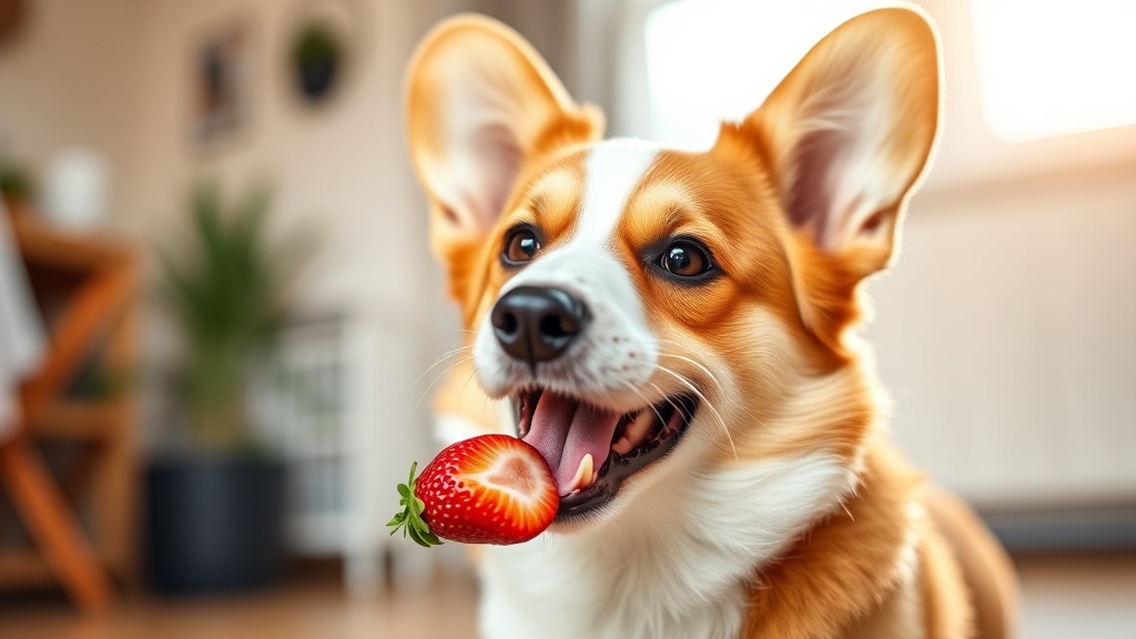 Welsh Corgi frisst ein Stück Erdbeere